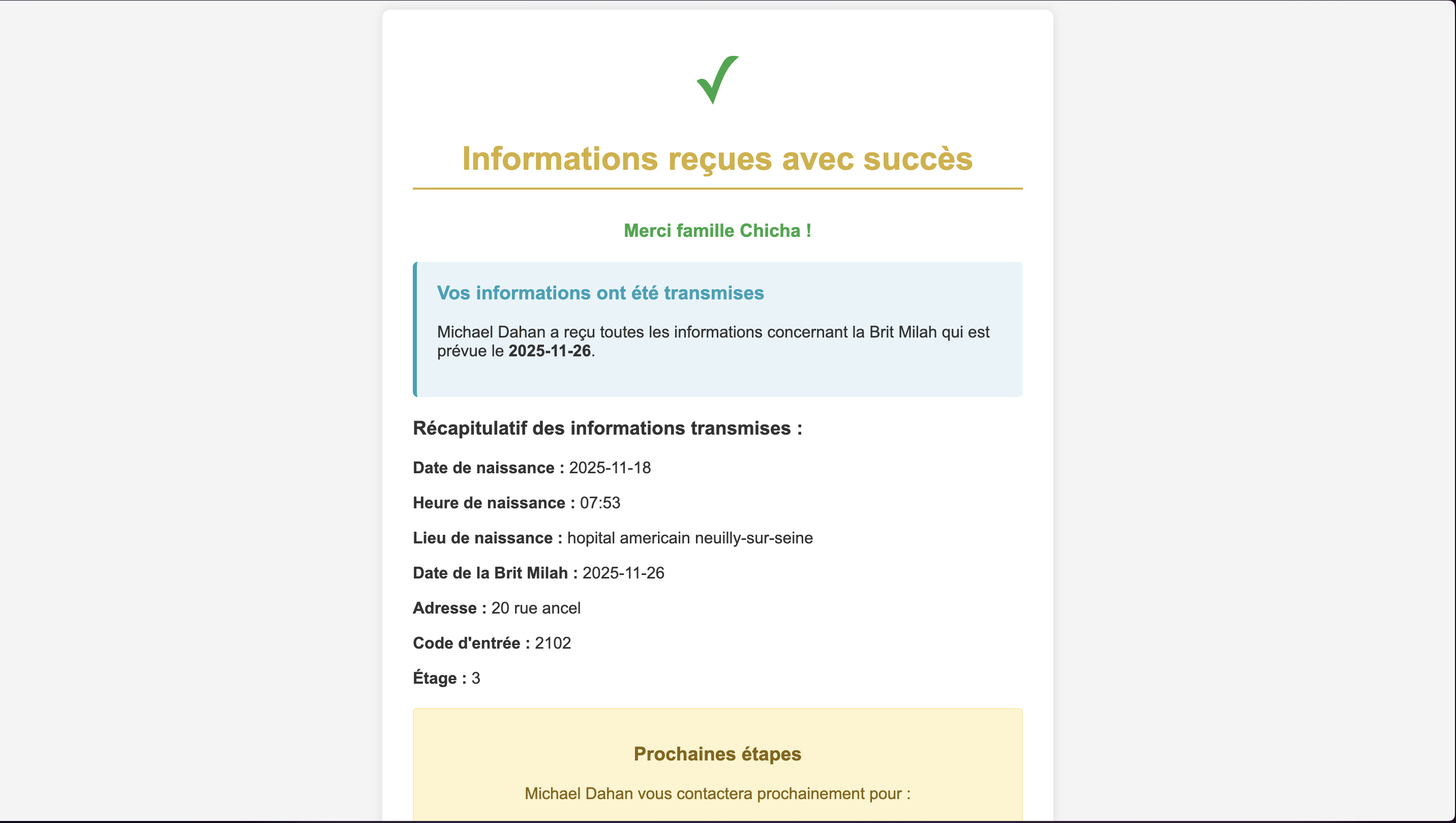 Confirmation des informations Brit Milah
