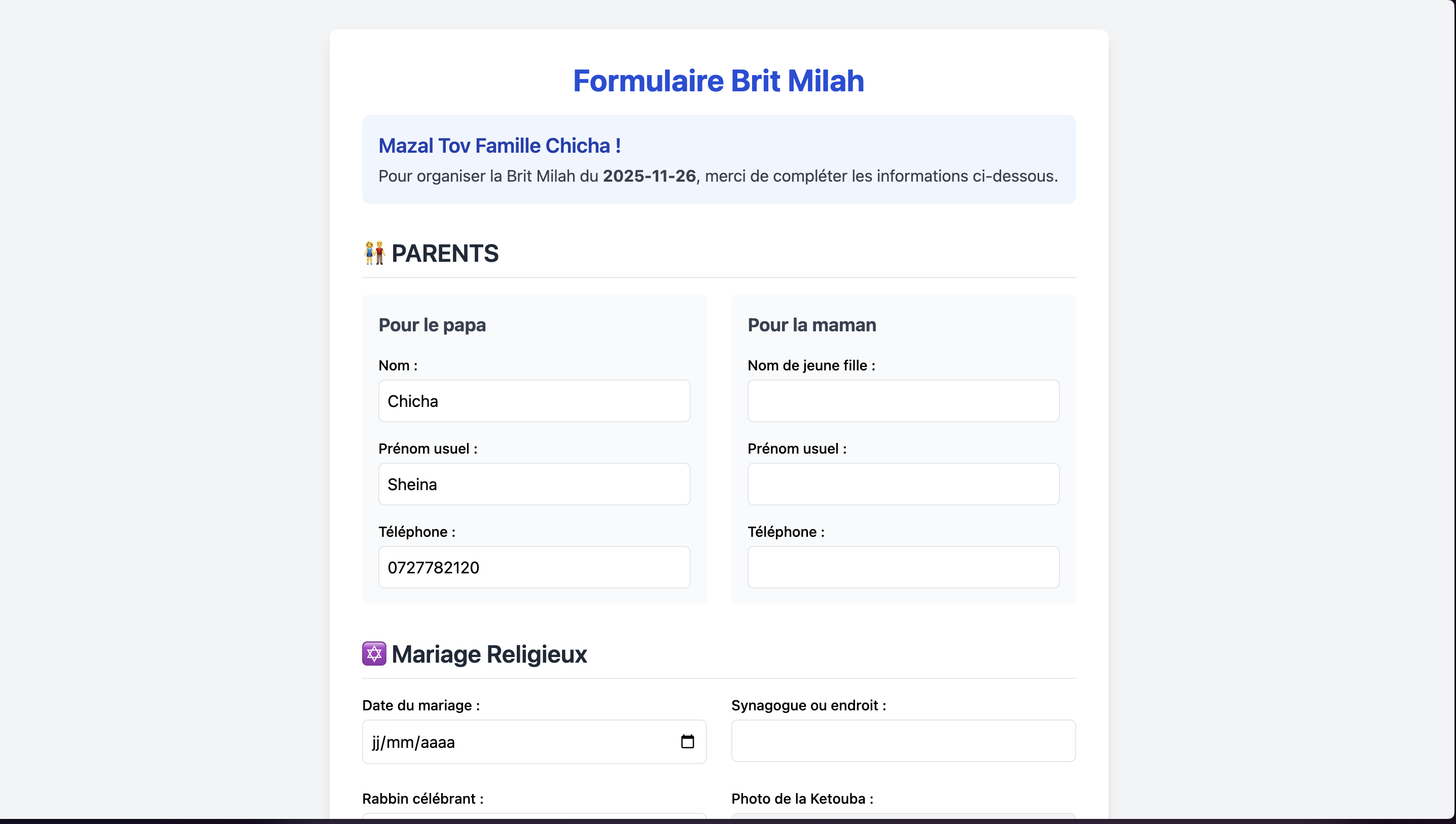 Formulaire Brit Milah pour les parents