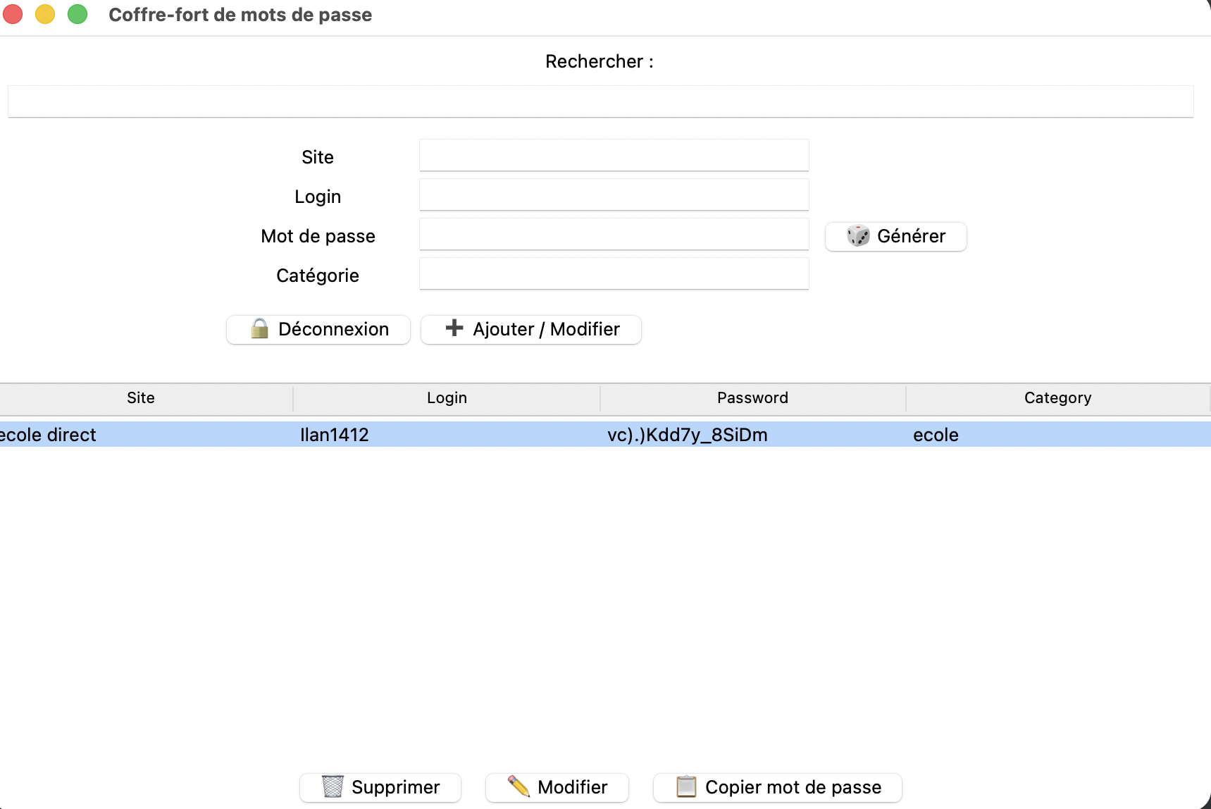 Interface principale du coffre-fort