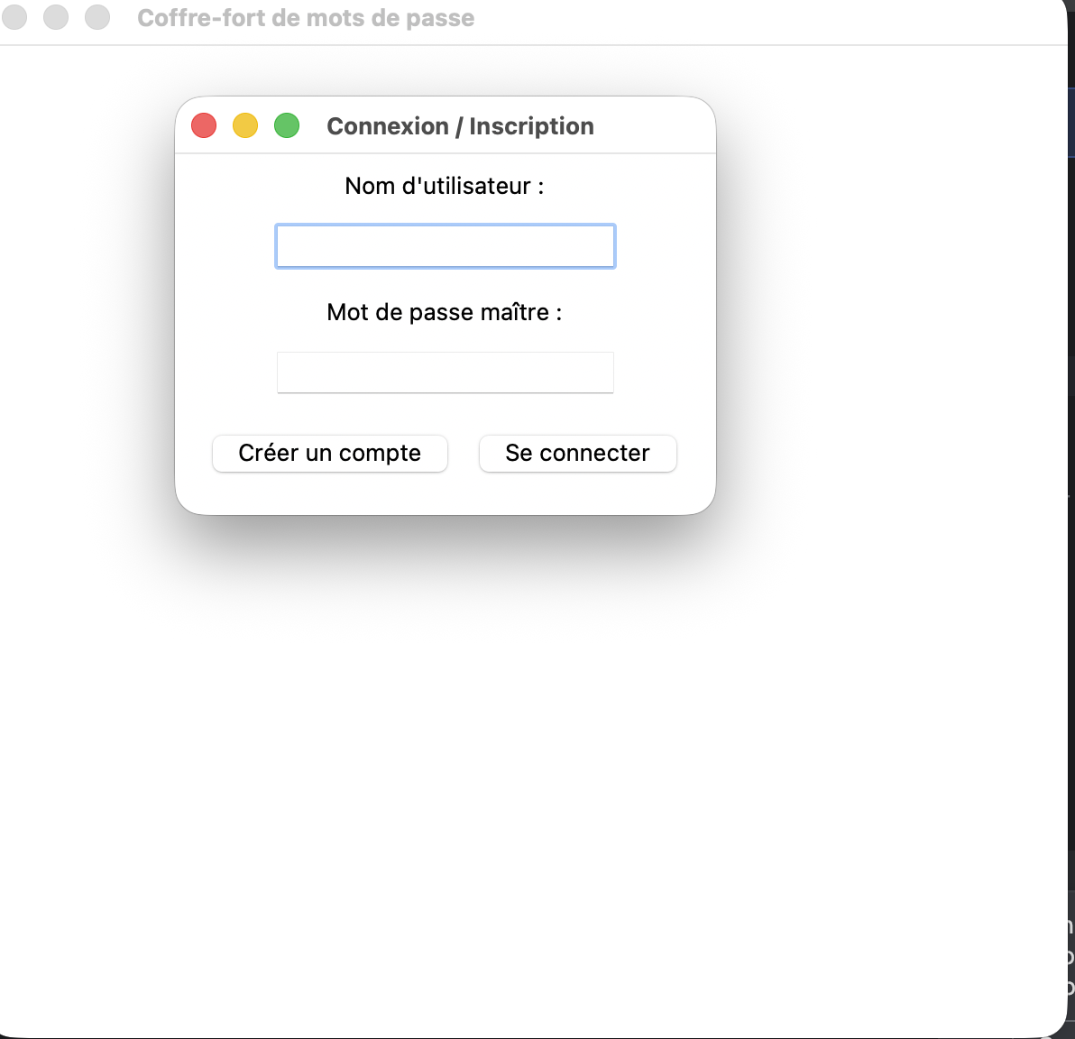 Écran de connexion du coffre-fort